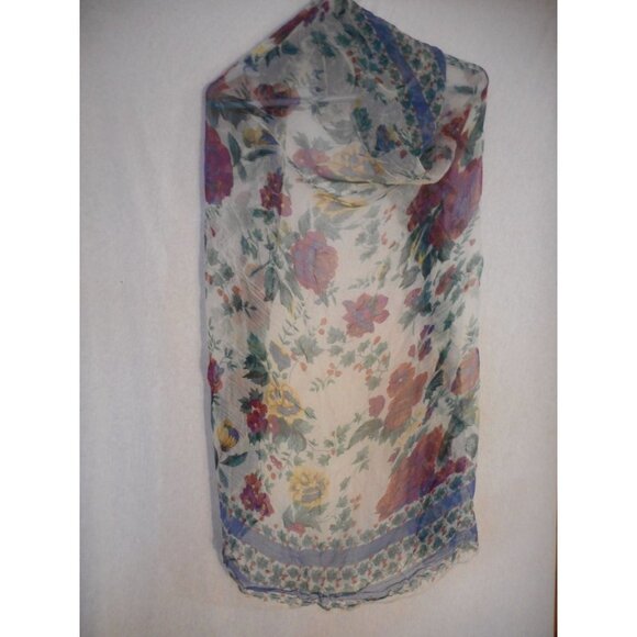 Vintage Sheer Red Blue Floral large square scarf  Estate Find - Picture 1 of 4